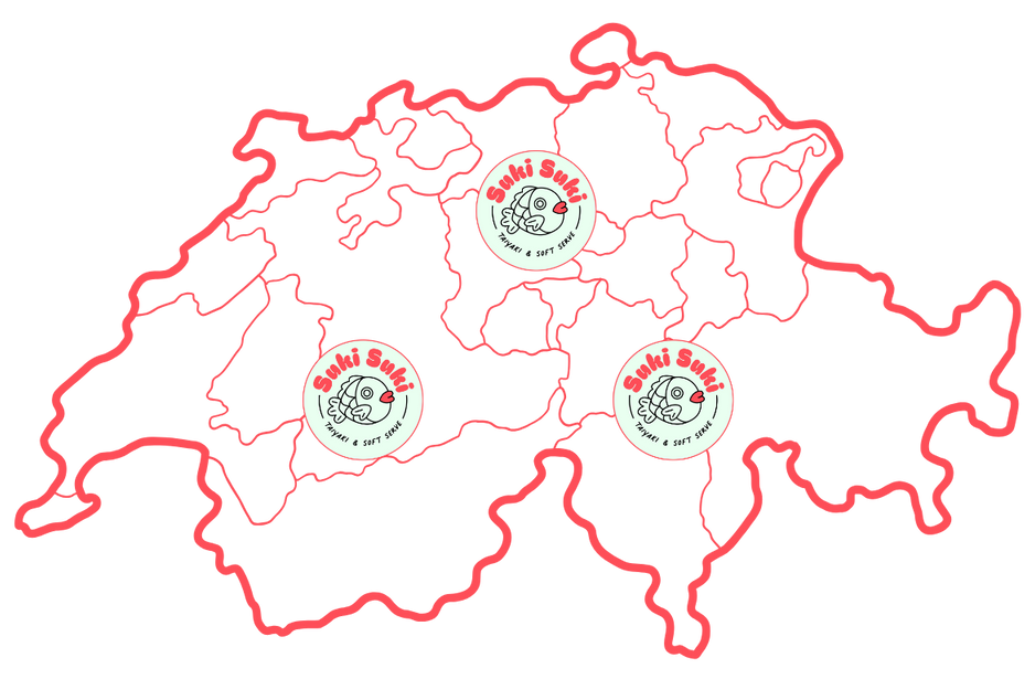 Map of Switzerland showing Suki Suki food truck locations, highlighting where to enjoy authentic Japanese taiyaki and soft serve