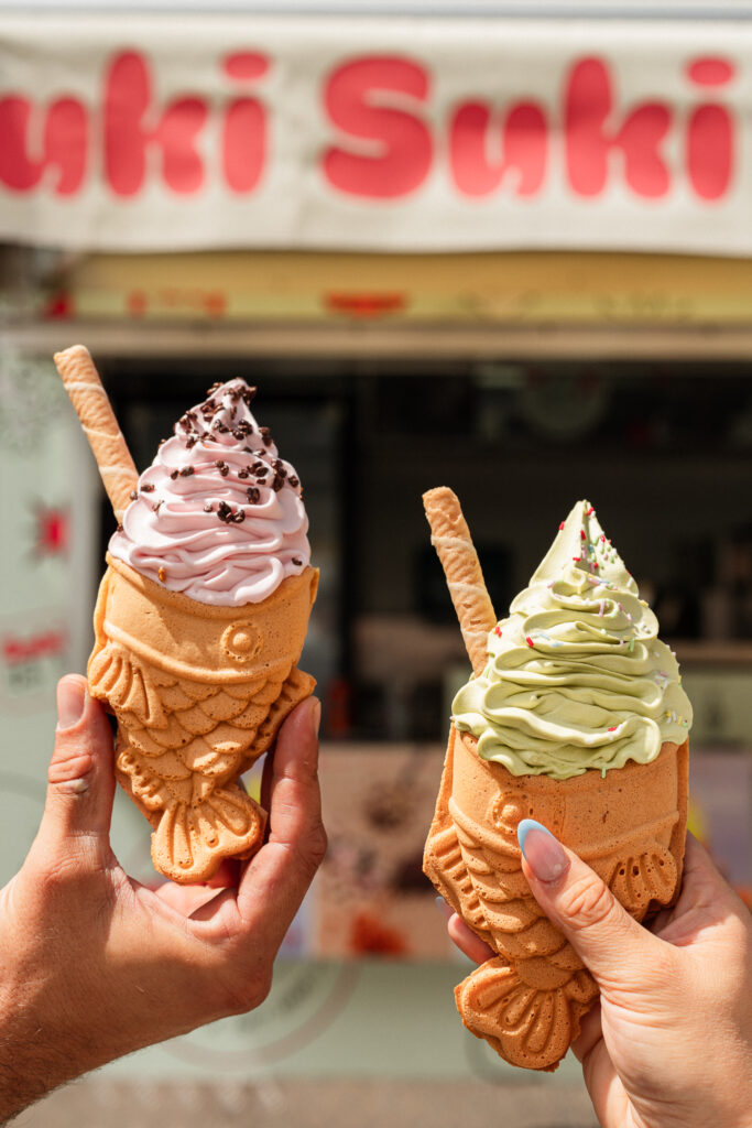 Matcha and strawberry taiyaki soft serve from Suki Suki food truck. Contact us to know more